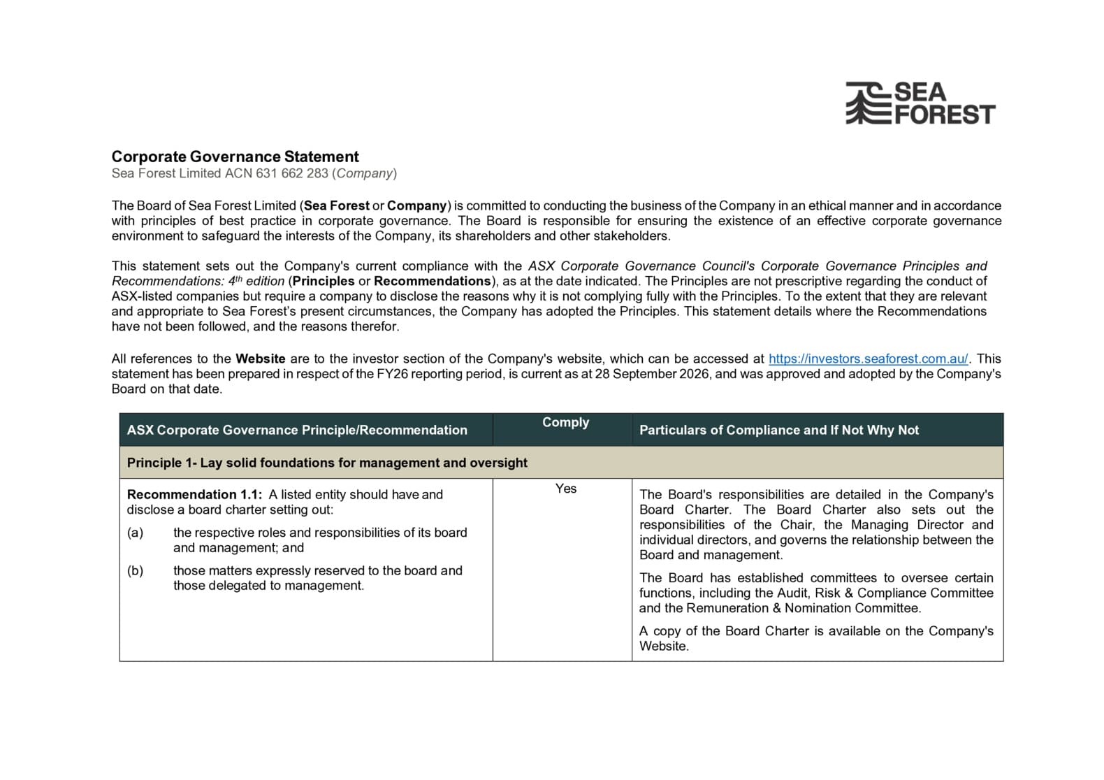 Corporate Governance Statement & Appendix 4G